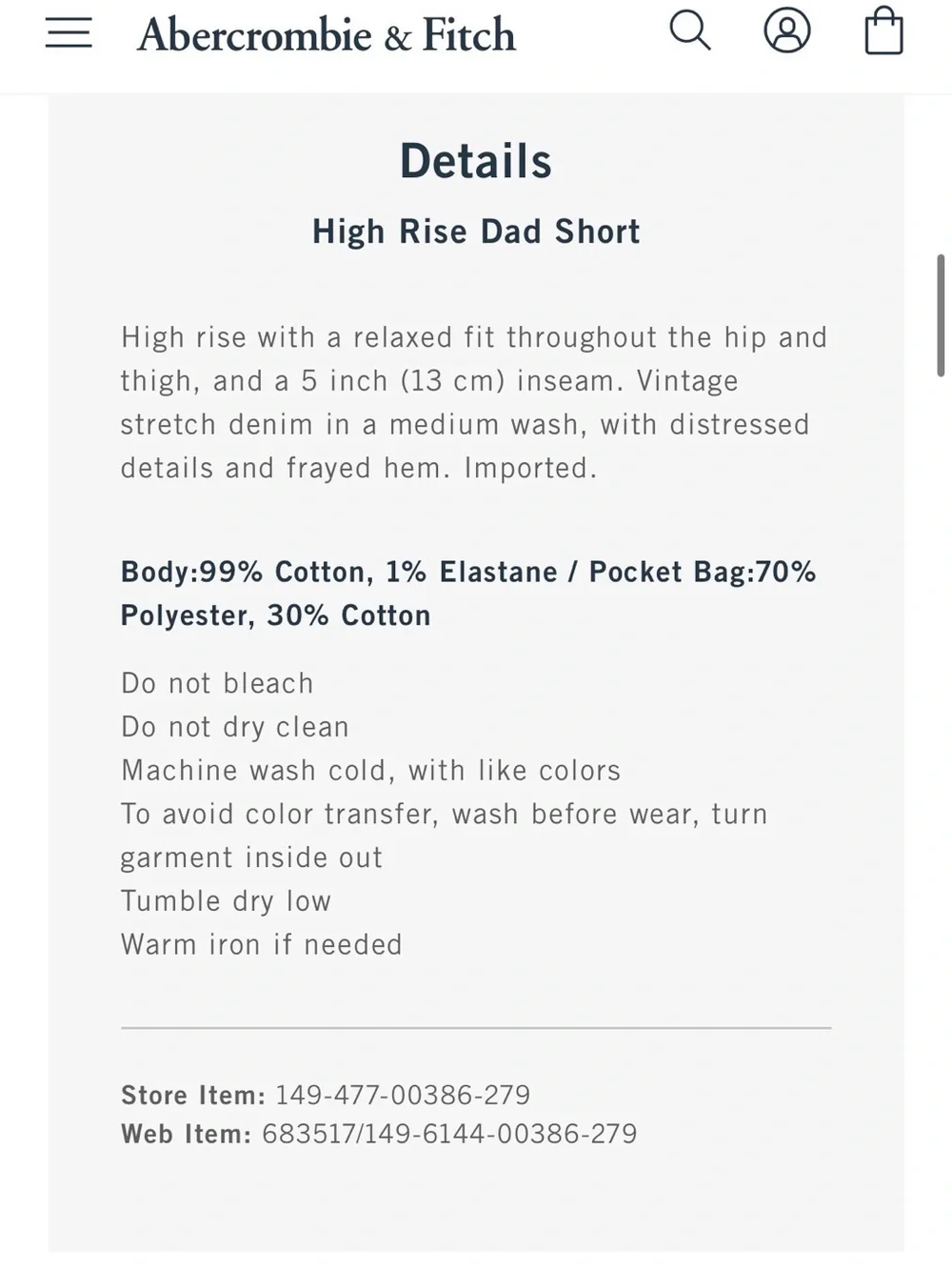 Abercrombie & Fitch High Rise Dad Short - Denim Cutoff Shorts
